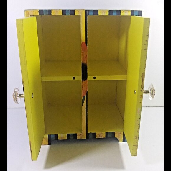 Mini Jewelry Armoire Box Vintage Floral 11x8x6in Wood Butterfly Stripe Sunflower - Picture 7 of 7